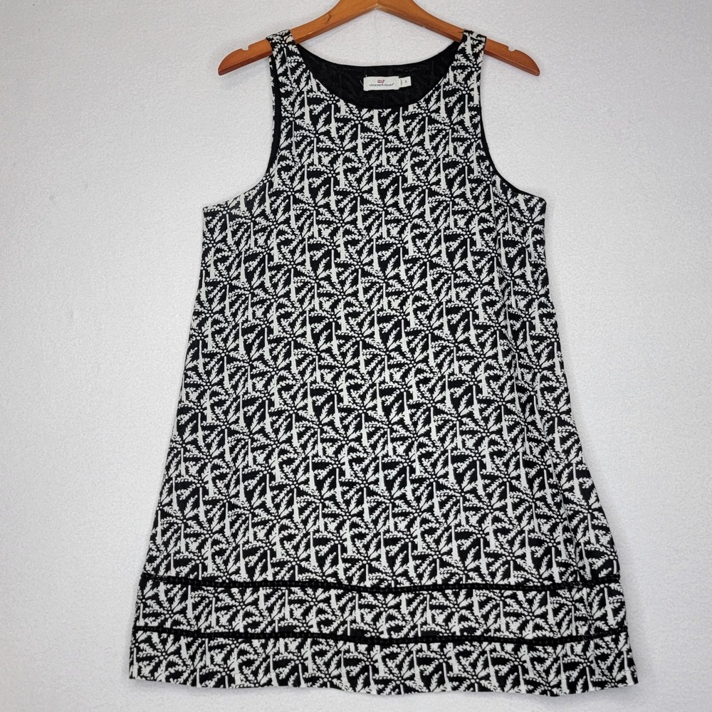 Vineyard Vines Black White Palm Print Linen Shift Dress 12 Ladder Lace Trim